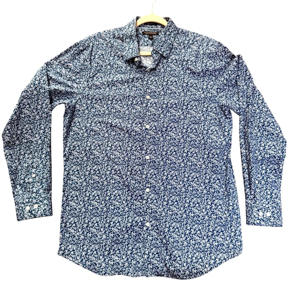 Banana Republic Button Down Mens L Blue Floral Untucked Fit Slim Fit Shirt